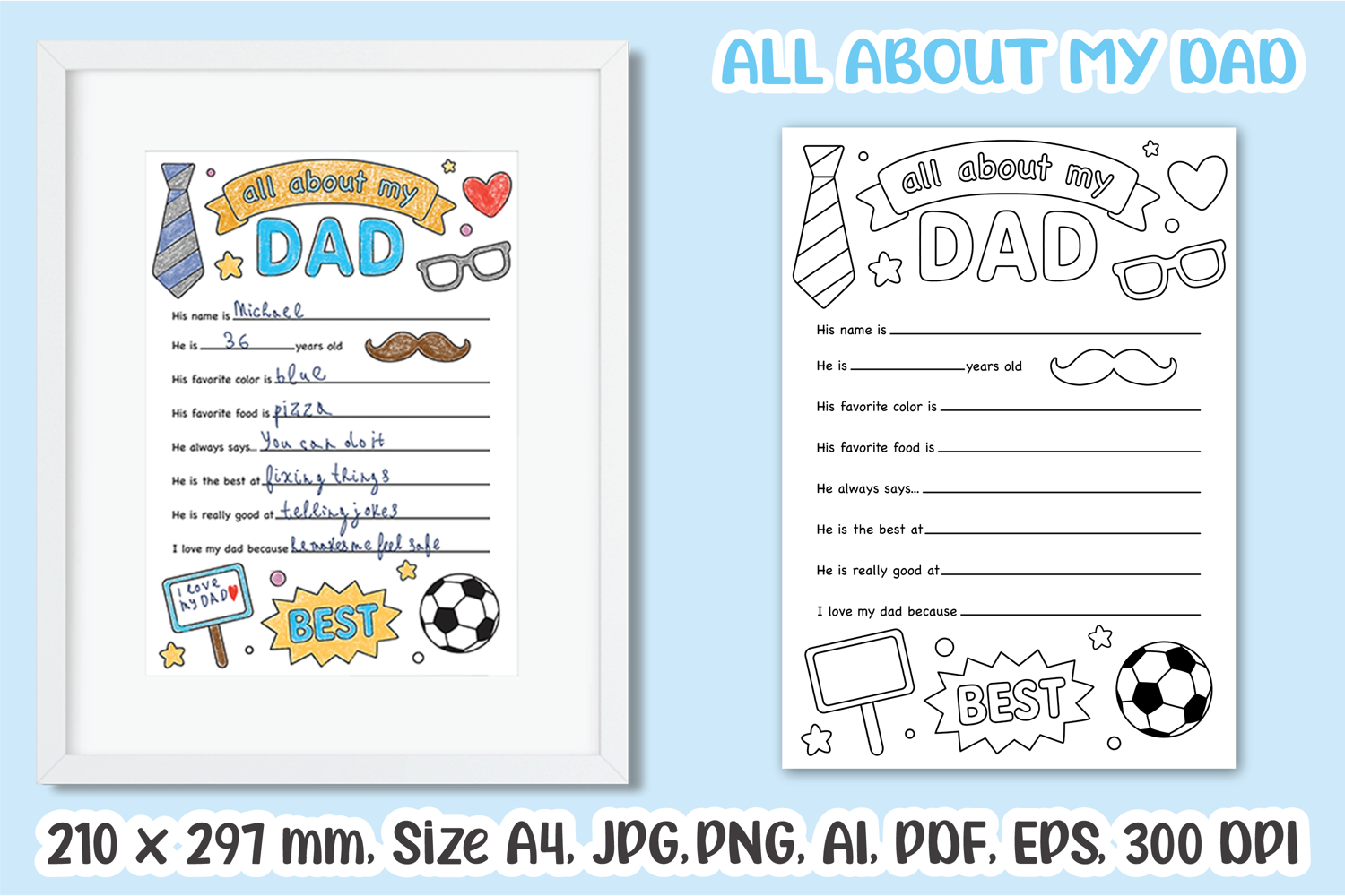 Printable DIY Gift for Dad, All About My Dad Printable Gift from kids, Personalized Gift for dad for Father's day or Father's birthday. Father's Day printable coloring page for kids – fun All About My Dad worksheet to color and gift.