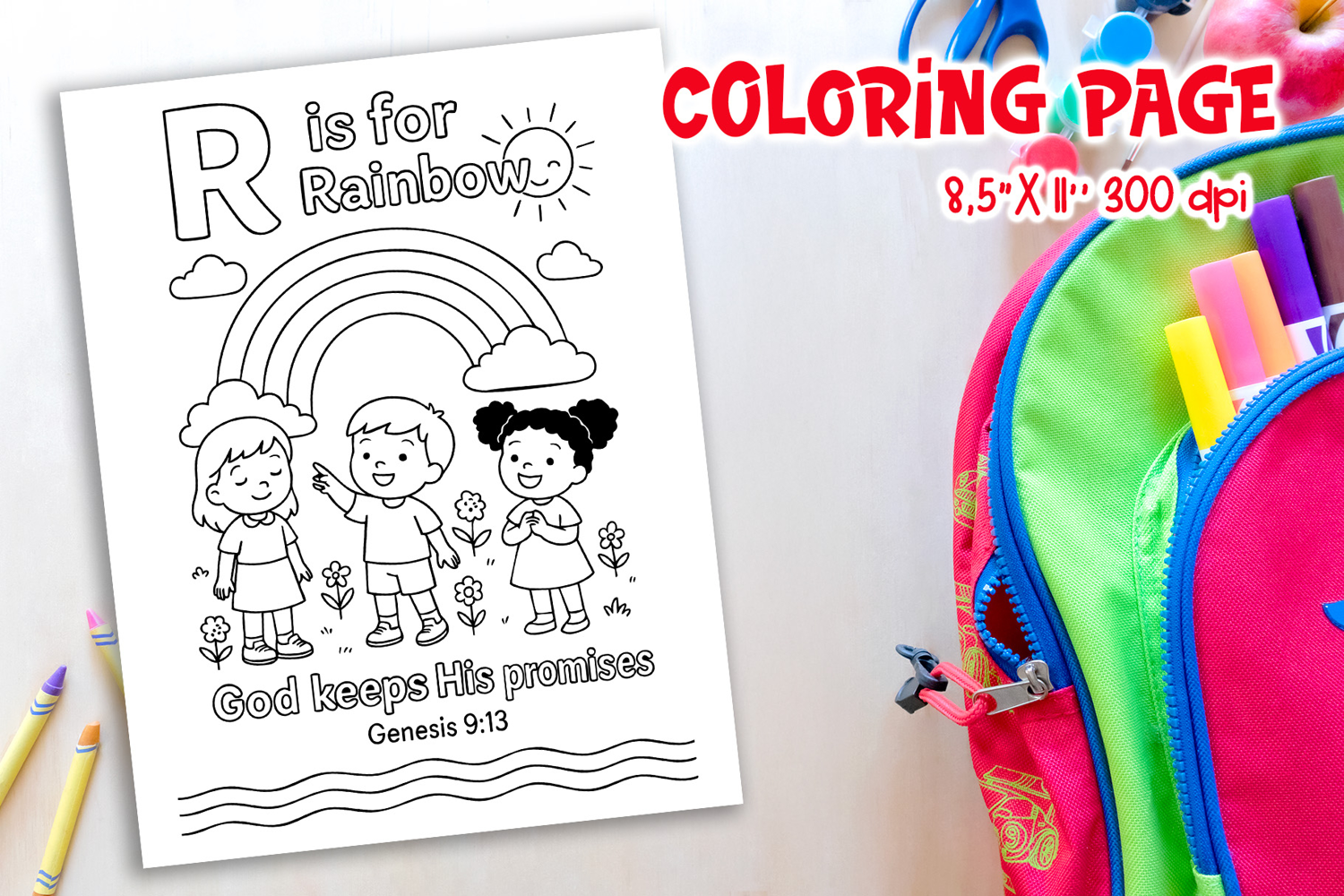 Christian Alphabet Coloring Page | R is for Rainbow product image 1