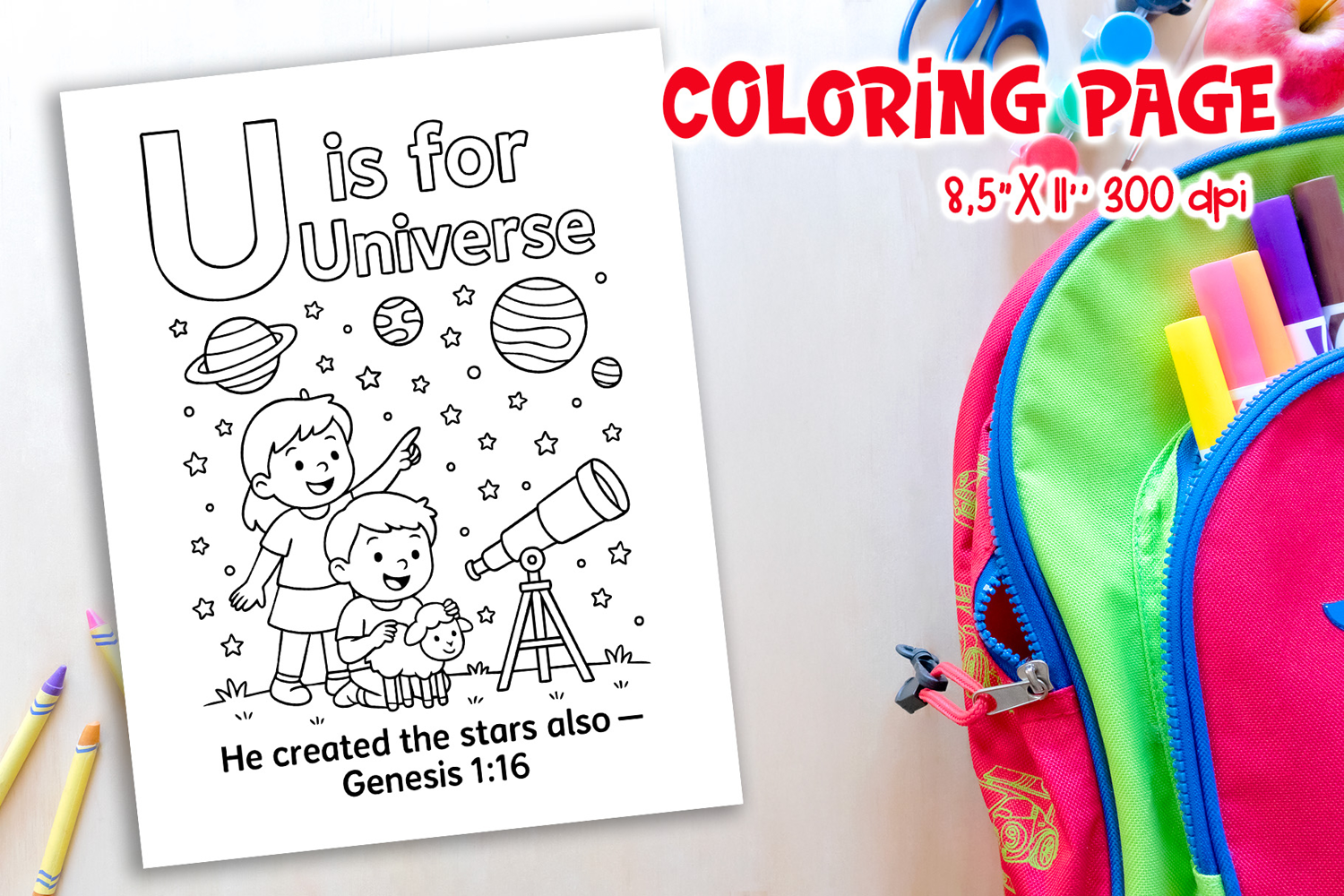 Christian Alphabet Coloring Page | U is for Universe product image 1