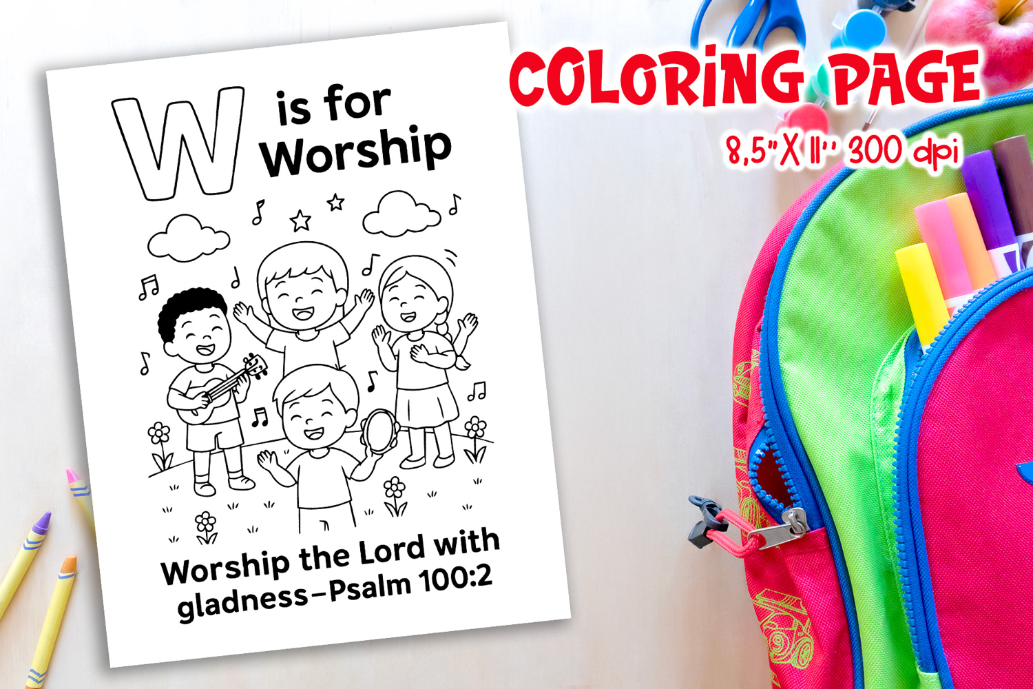 Christian Alphabet Coloring Page | W is for Worship product image 1