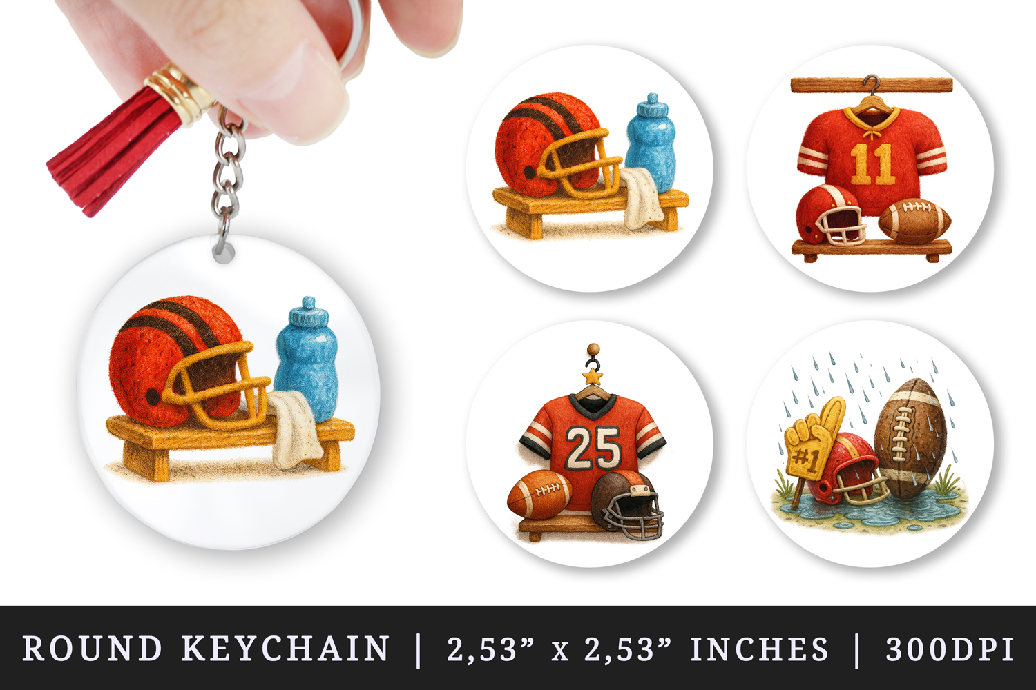 American football round keychain pintable sublimation design product image 1