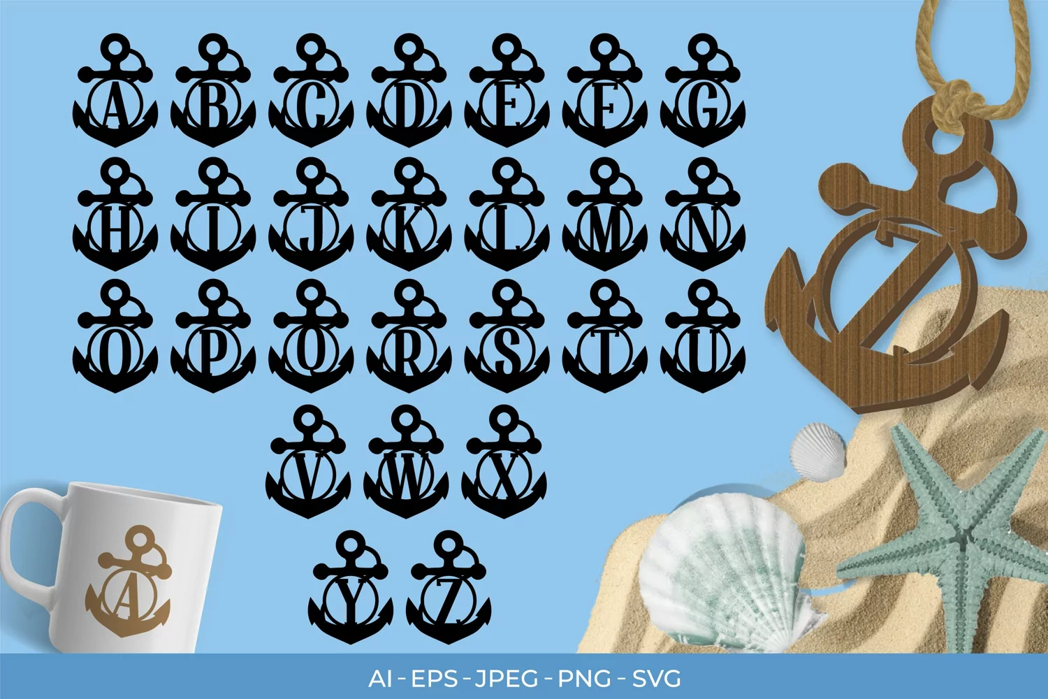 A to Z Alphabet Nautical Anchor with a Circle Monogram Set product image 1