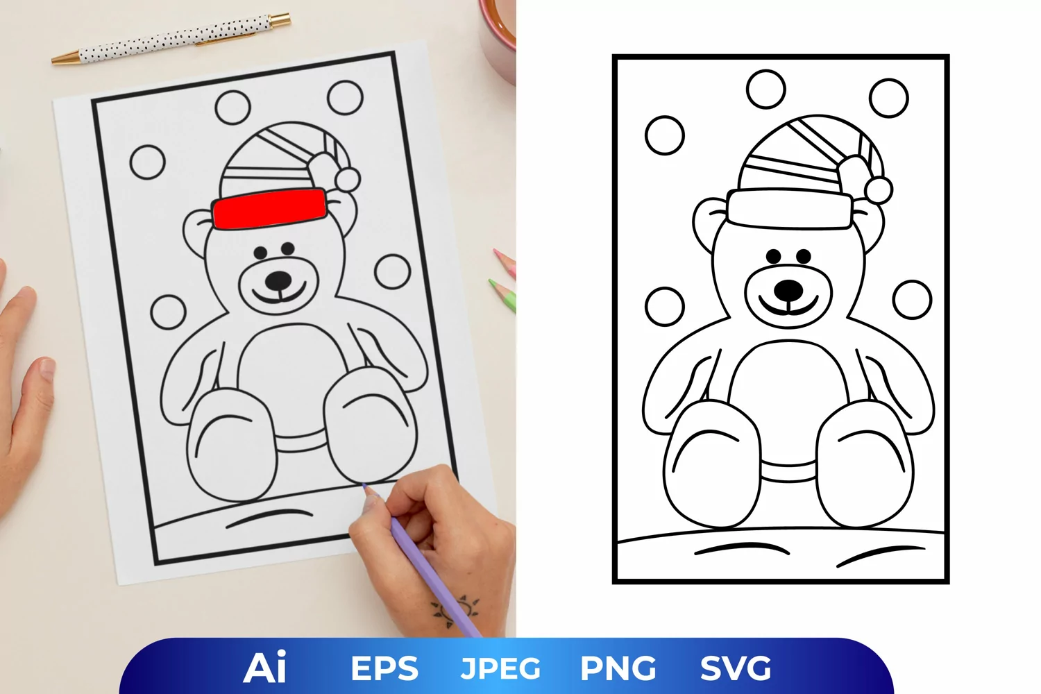 Winter Bear Wearing Santa Hat Coloring Page product image 1