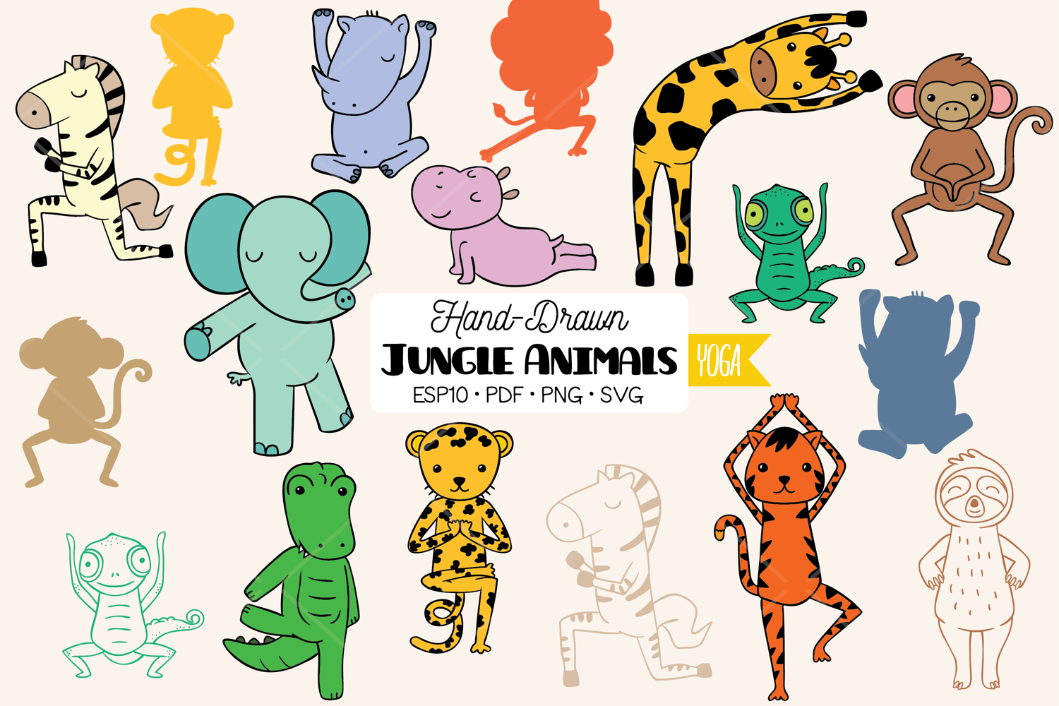 Colored Hand-Drawn Jungle Animals Characters |Yoga Exercise product image 1