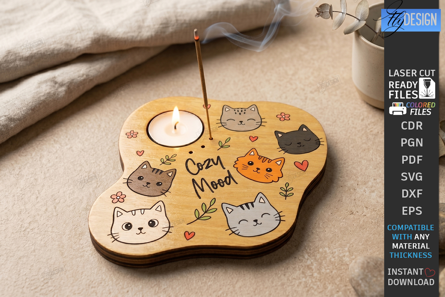 Art Wooden Candle Holder Laser Cut | Tea Light Tray | Cats product image 1