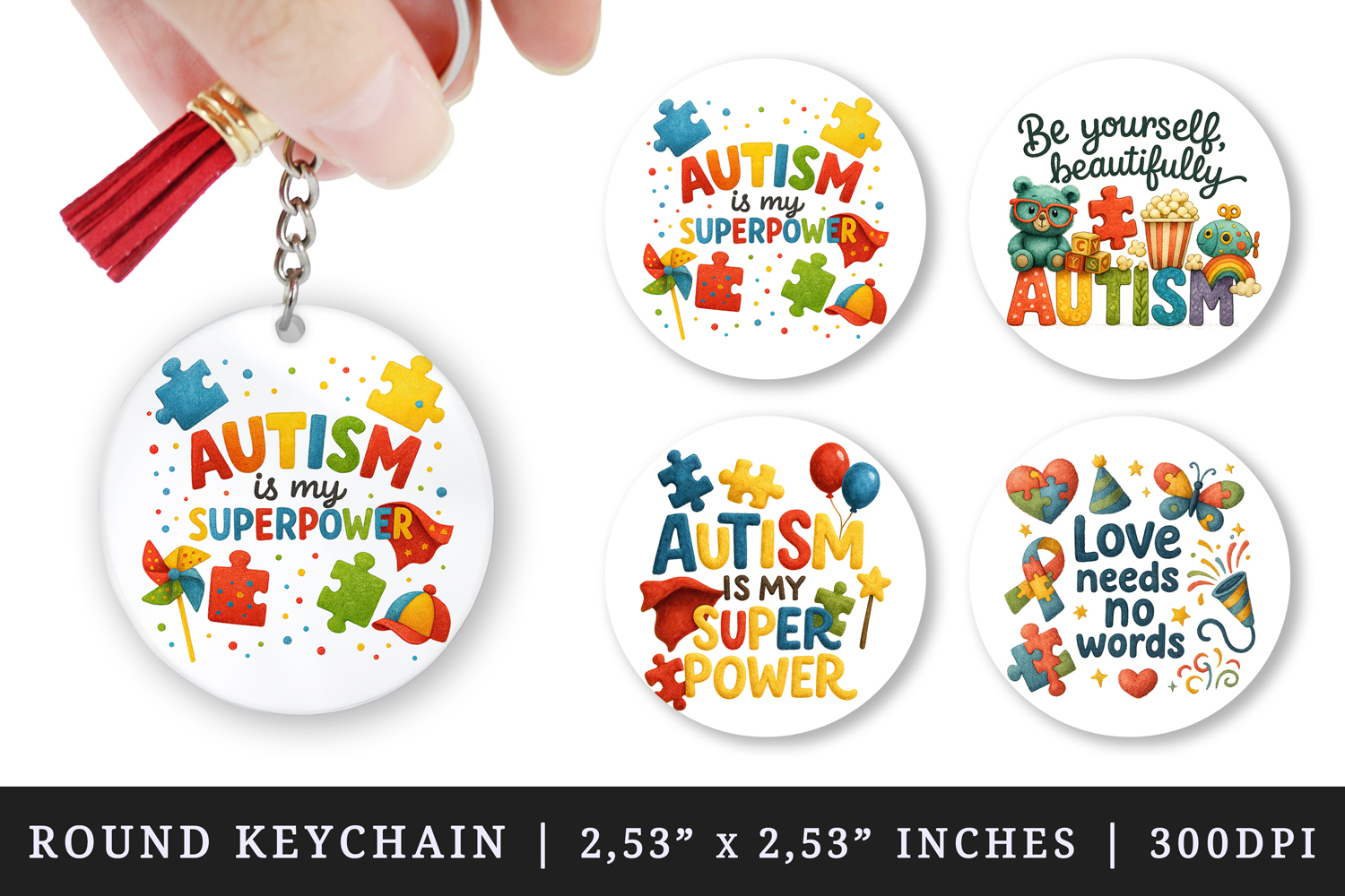 Autism Awareness round keychain pintable sublimation design product image 1
