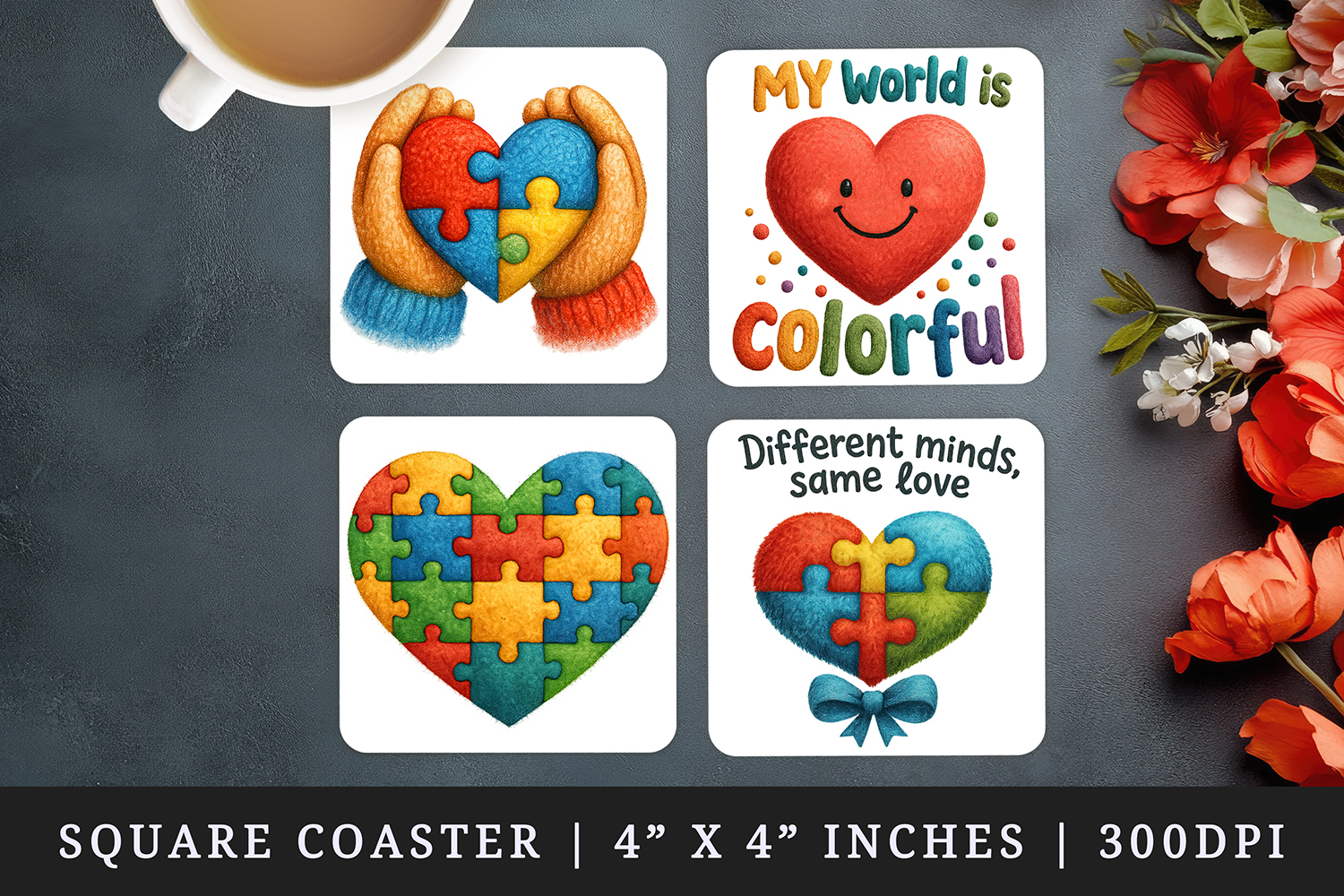 Autism Awareness square coaster sublimation, coasters design product image 1