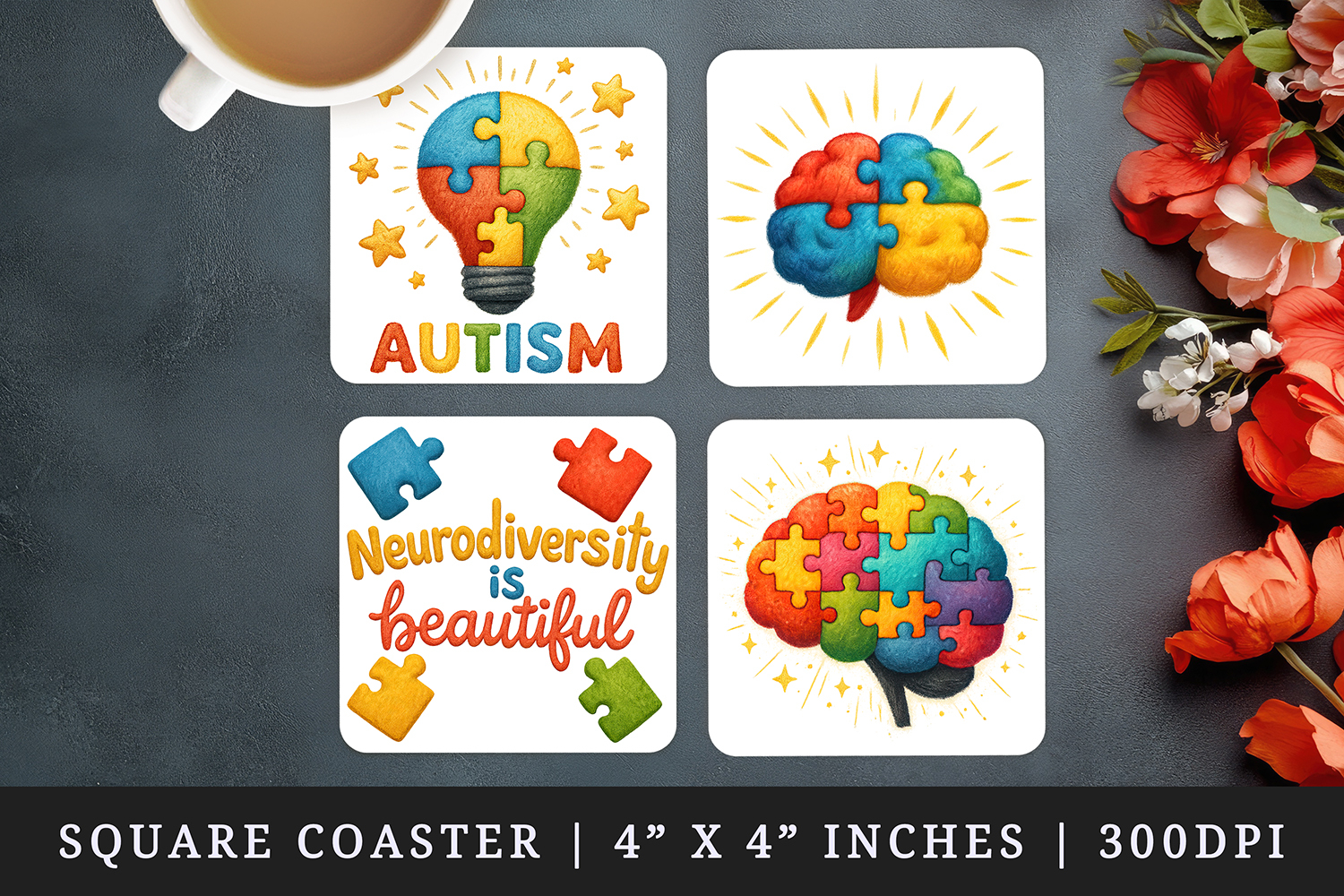 Autism Awareness square coaster sublimation, coasters design product image 1