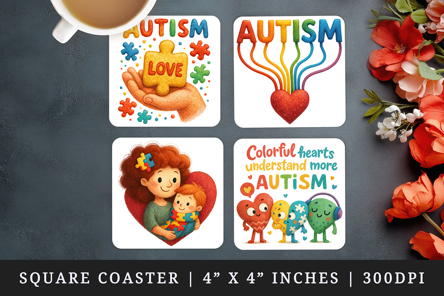 Autism Awareness square coaster sublimation, coasters design product image 1