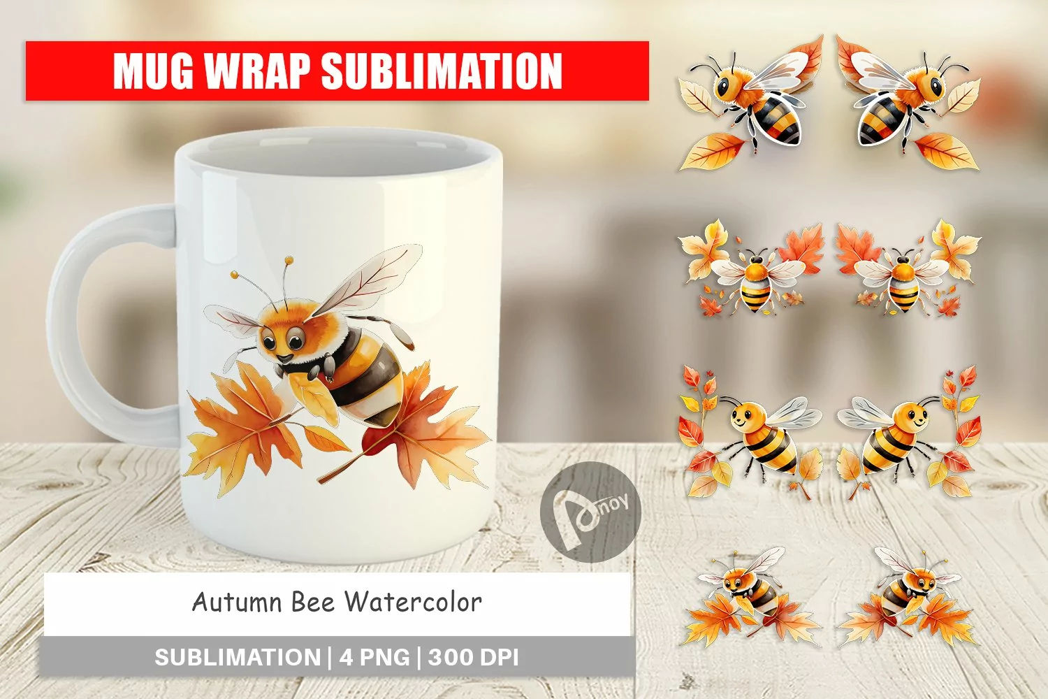 Mug Wrap Design Autumn Bee Watercolor product image 1
