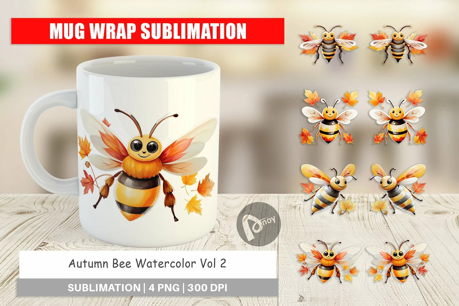 Mug Wrap Design Autumn Bee Watercolor product image 1