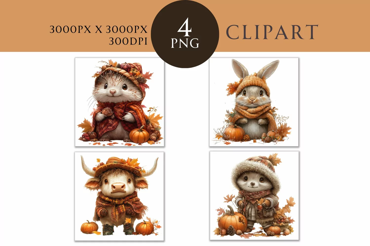 Autumn Cute Animals Watercolor Clipart PNG