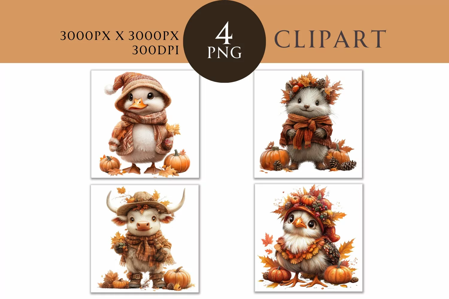 Autumn Cute Animals Watercolor Clipart PNG