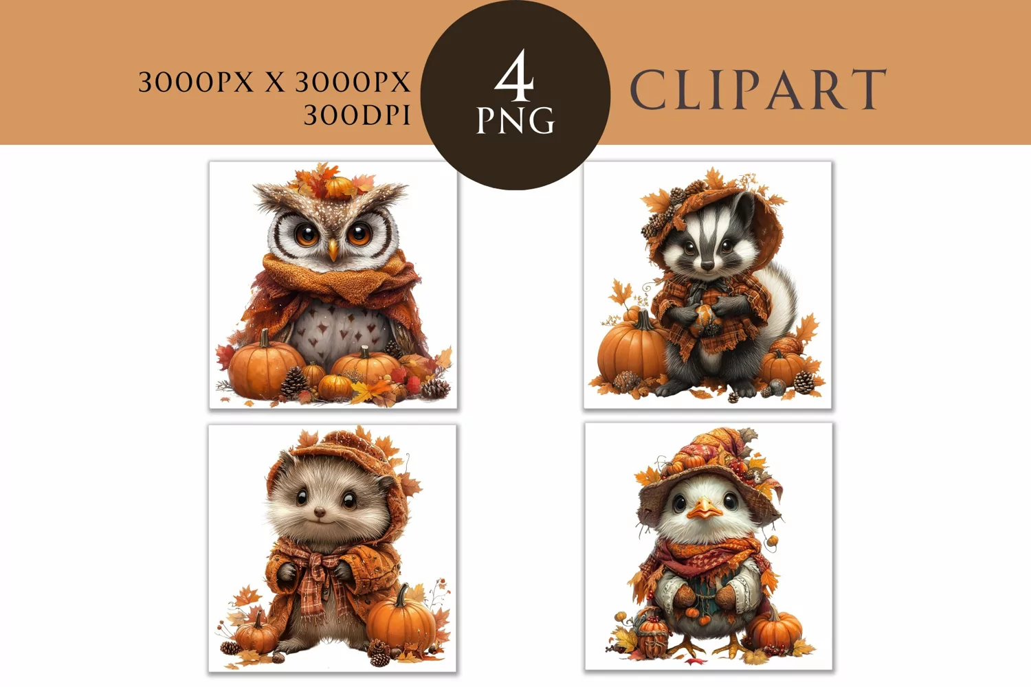 Autumn Cute Animals Watercolor Clipart PNG