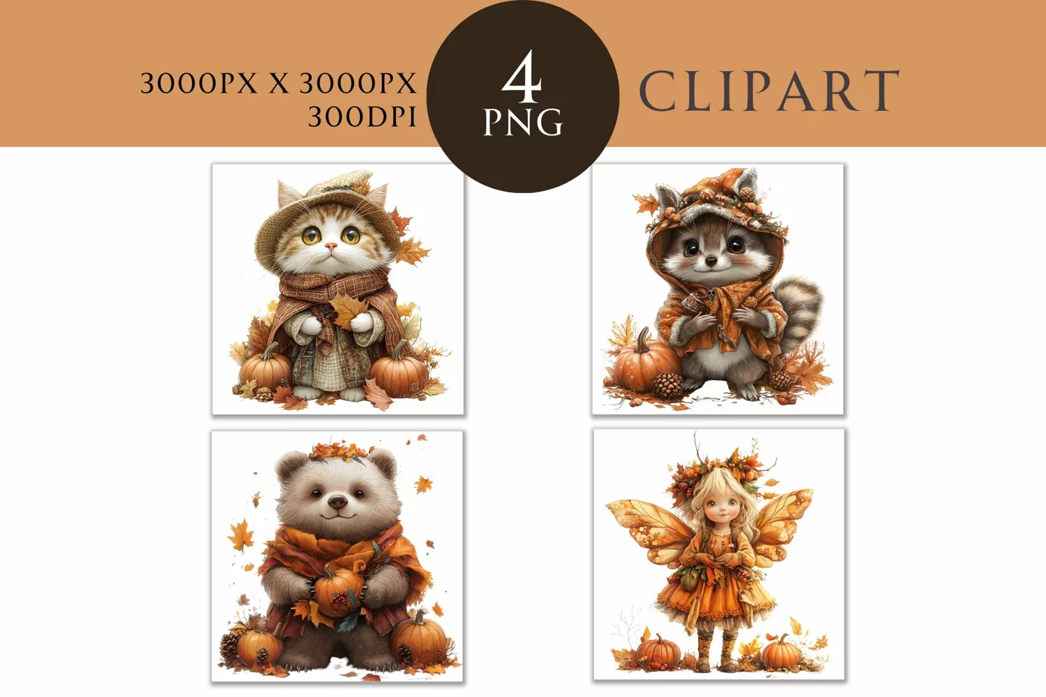 Autumn Cute Animals Watercolor Clipart PNG