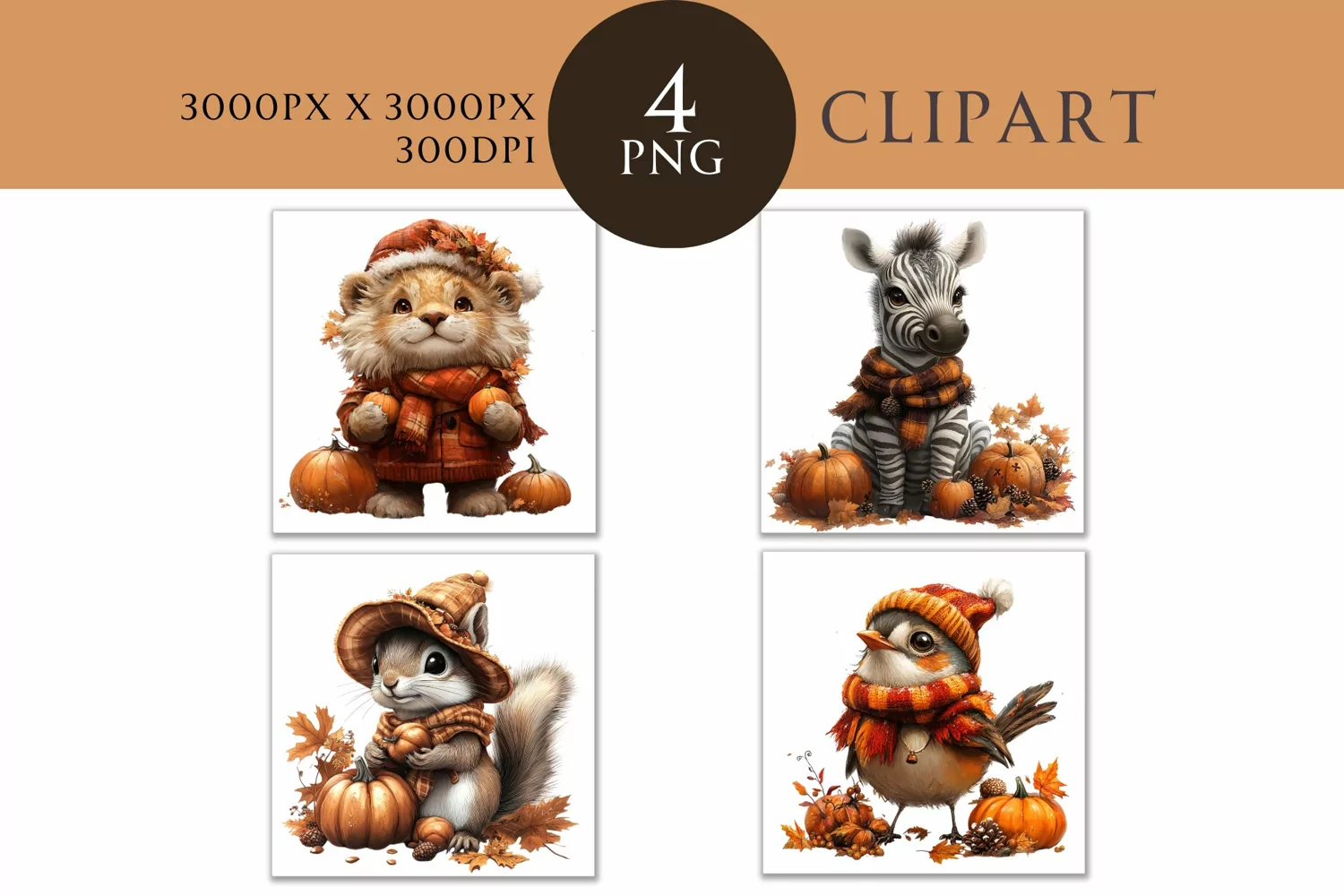 Autumn Cute Animals Watercolor Clipart PNG