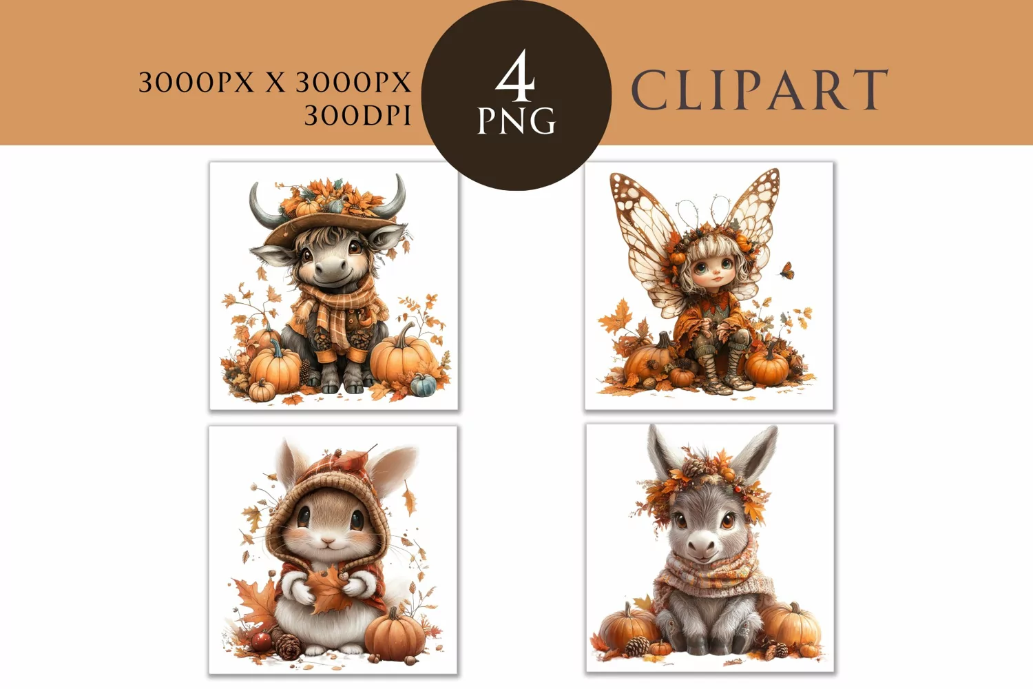 Autumn Cute Animals Watercolor Clipart PNG