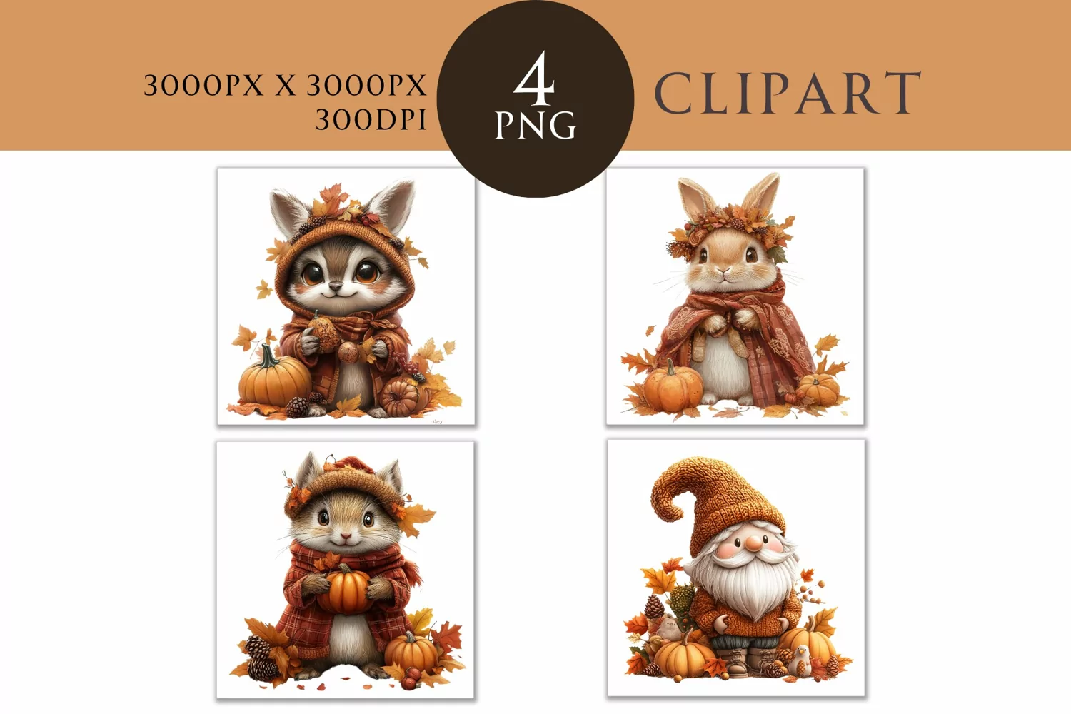 Autumn Cute Animals Watercolor Clipart PNG