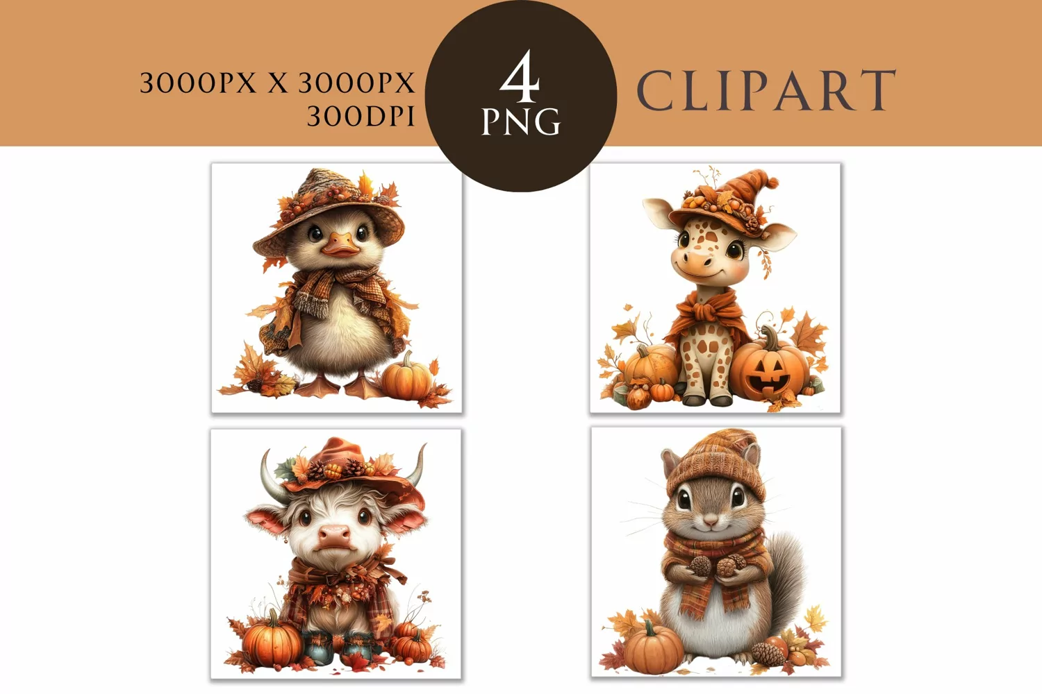 Autumn Cute Animals Watercolor Clipart PNG