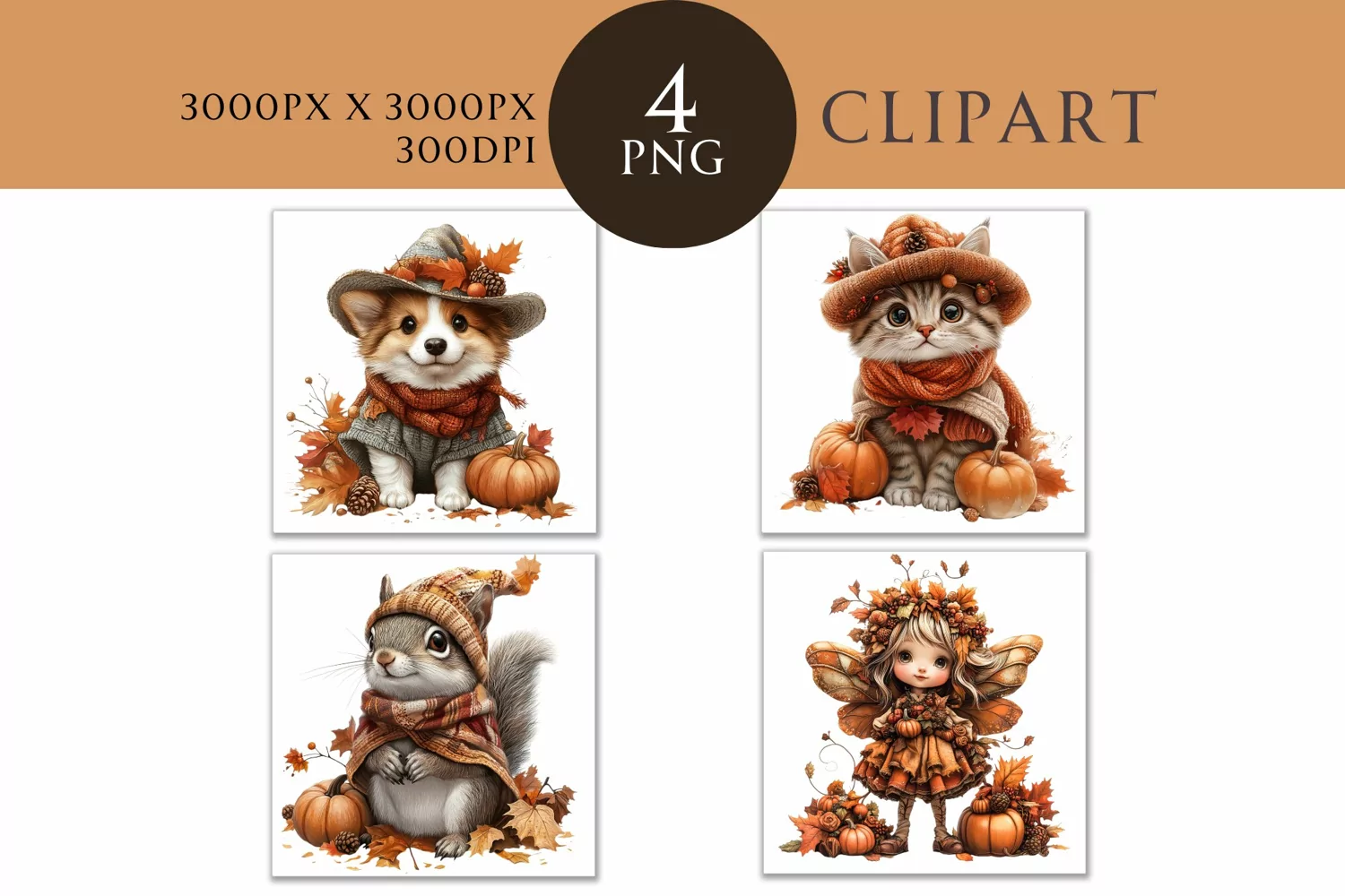 Autumn Cute Animals Watercolor Clipart PNG