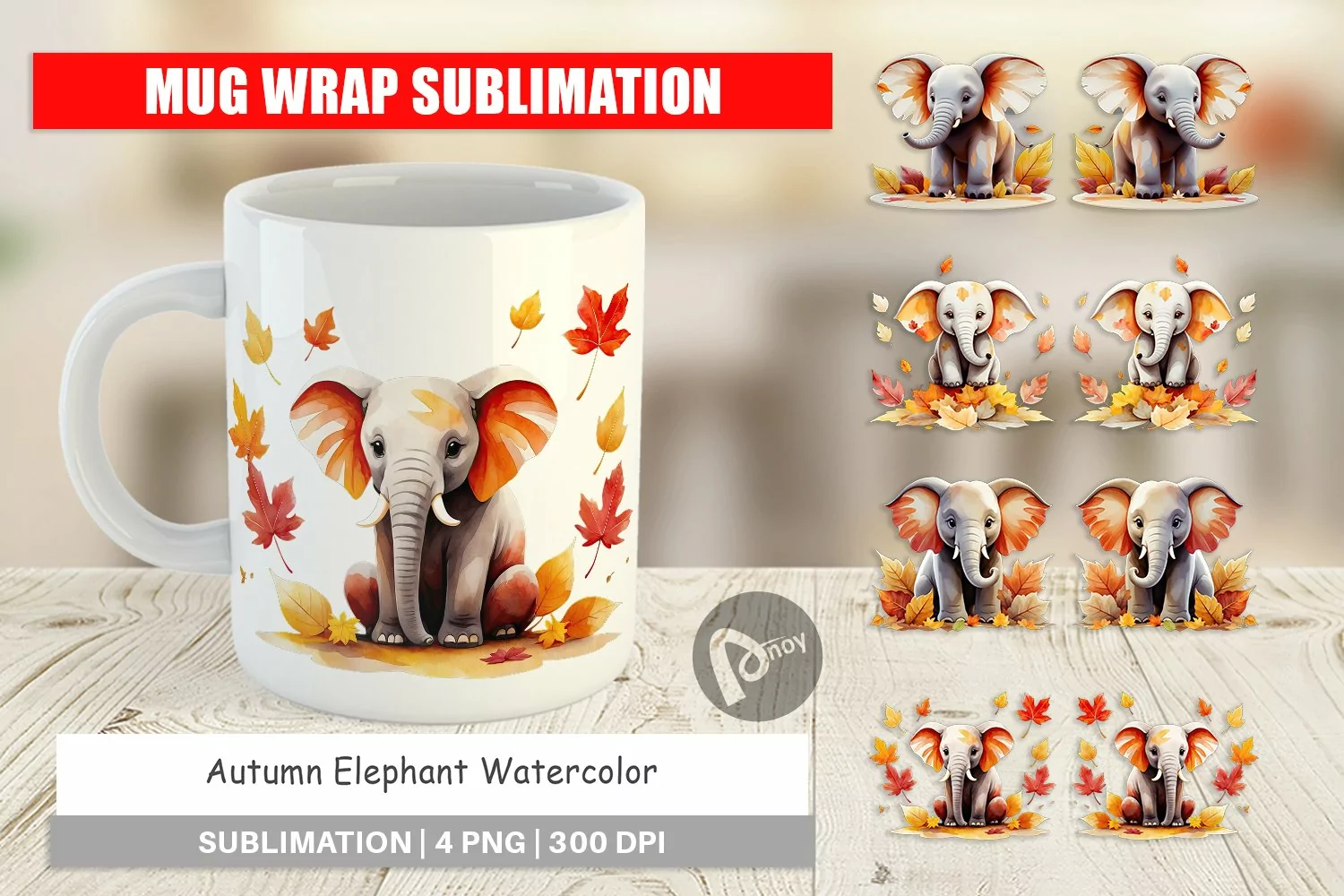Mug Wrap Design Autumn Elephant Watercolor product image 1