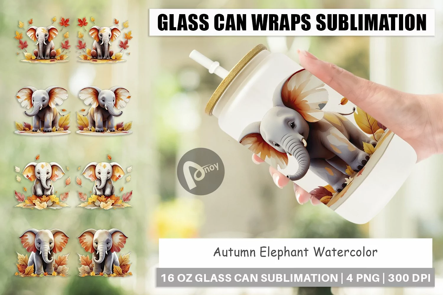Glass Can Wraps Autumn Elephant Watercolor product image 1