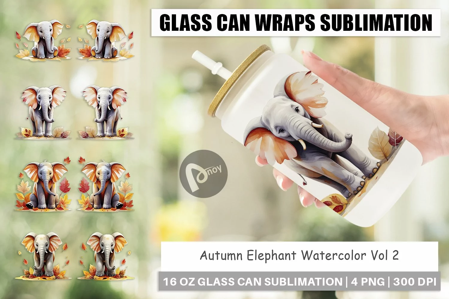 Glass Can Wraps Autumn Elephant Watercolor product image 1