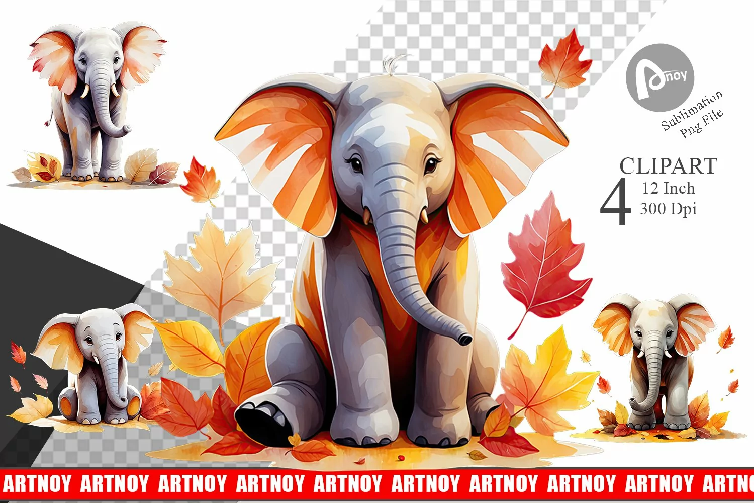 Autumn Elephant Watercolor Clipart product image 1