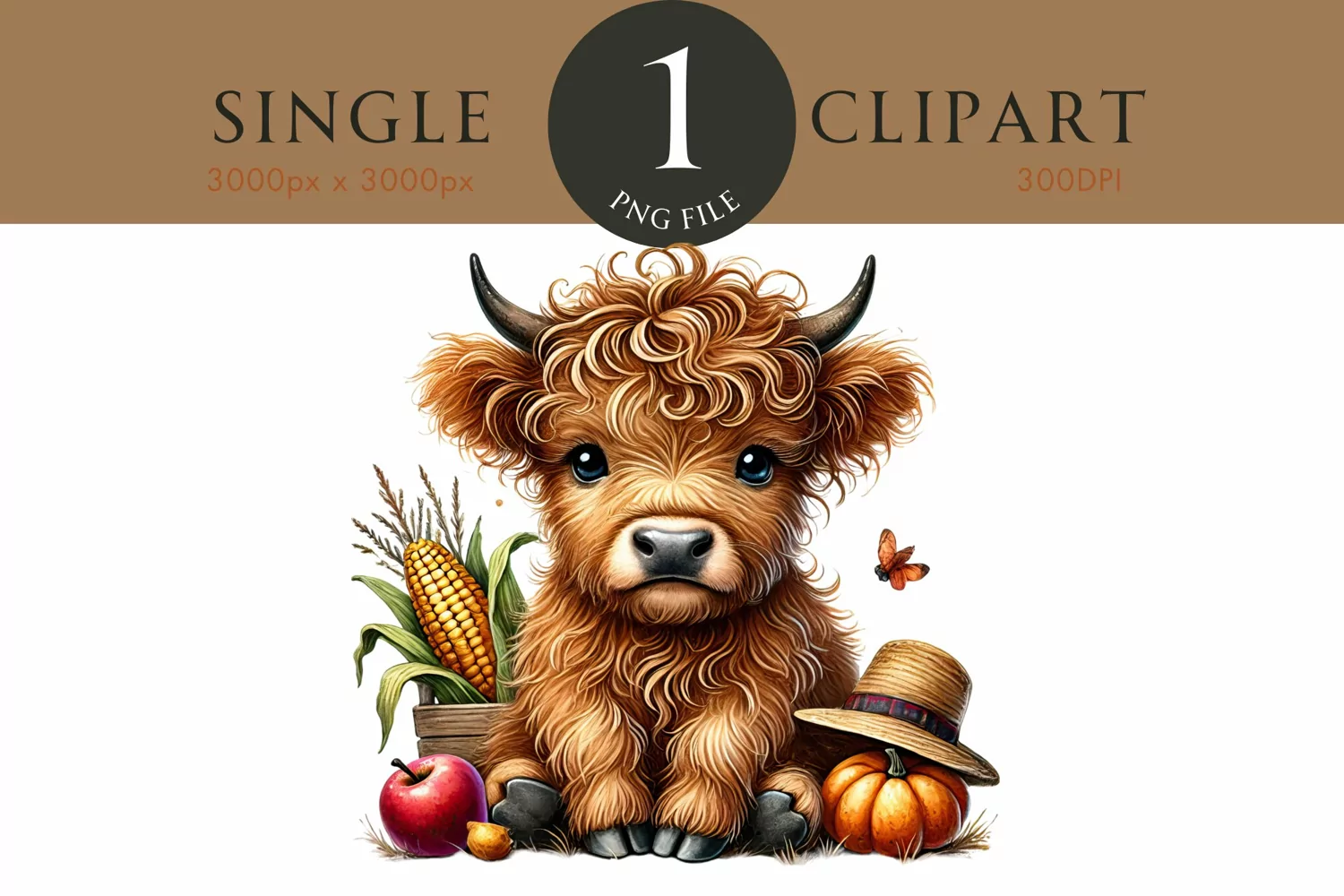 Autumn Fall Highland Cow Watercolor PNG