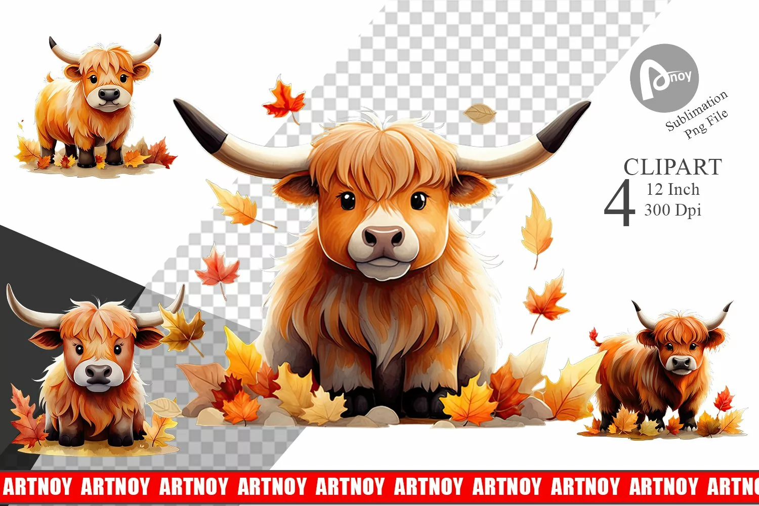 Autumn Highland Cow Watercolor Clipart product image 1