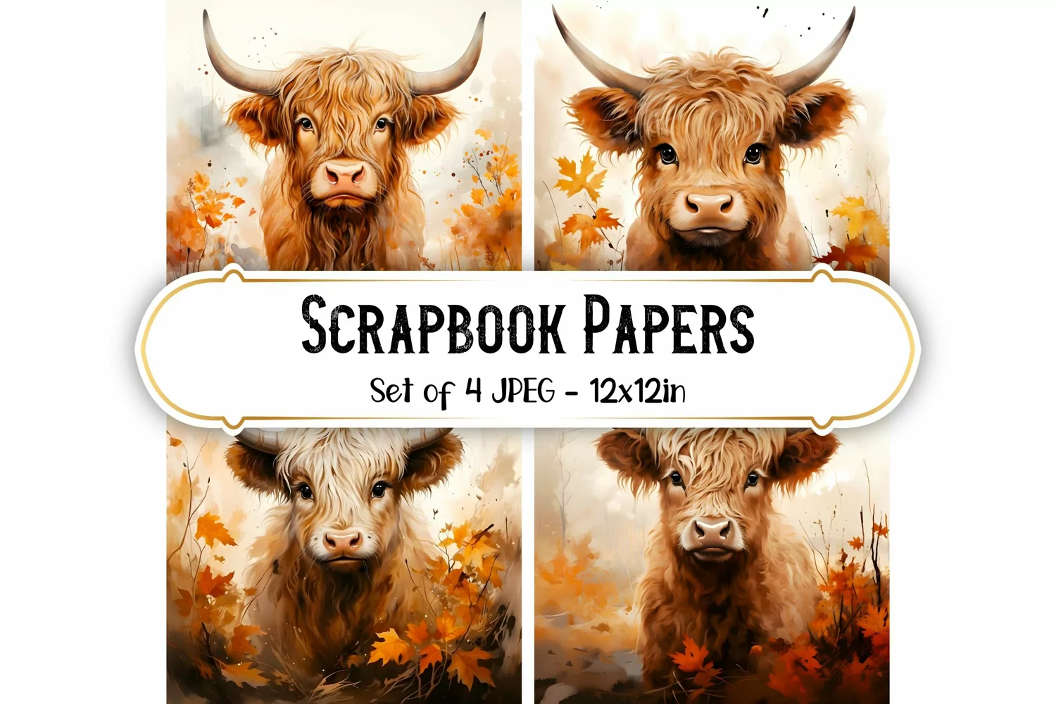 Autumn Highland Cow Watercolor Backgrounds