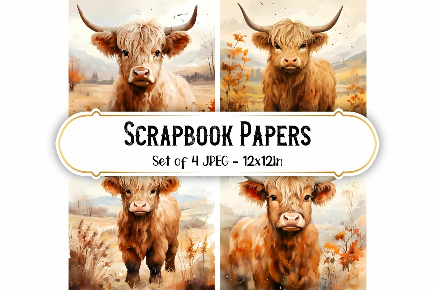 Autumn Highland Cow Watercolor Backgrounds