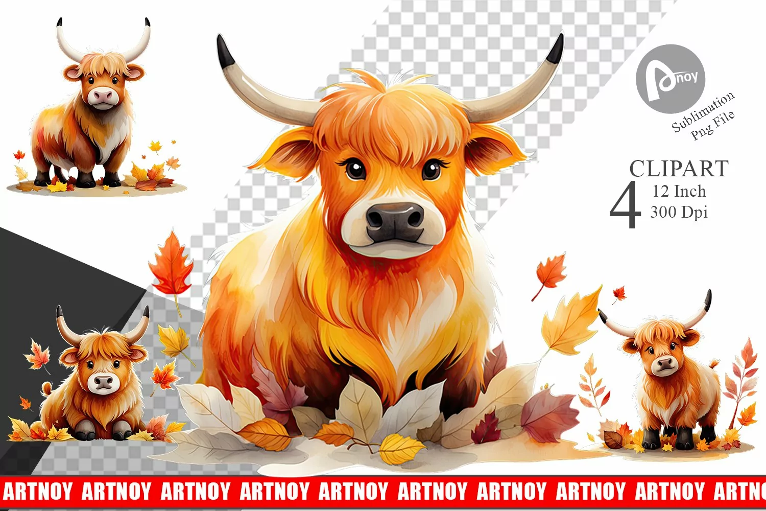 Autumn Highland Cow Watercolor Clipart product image 1