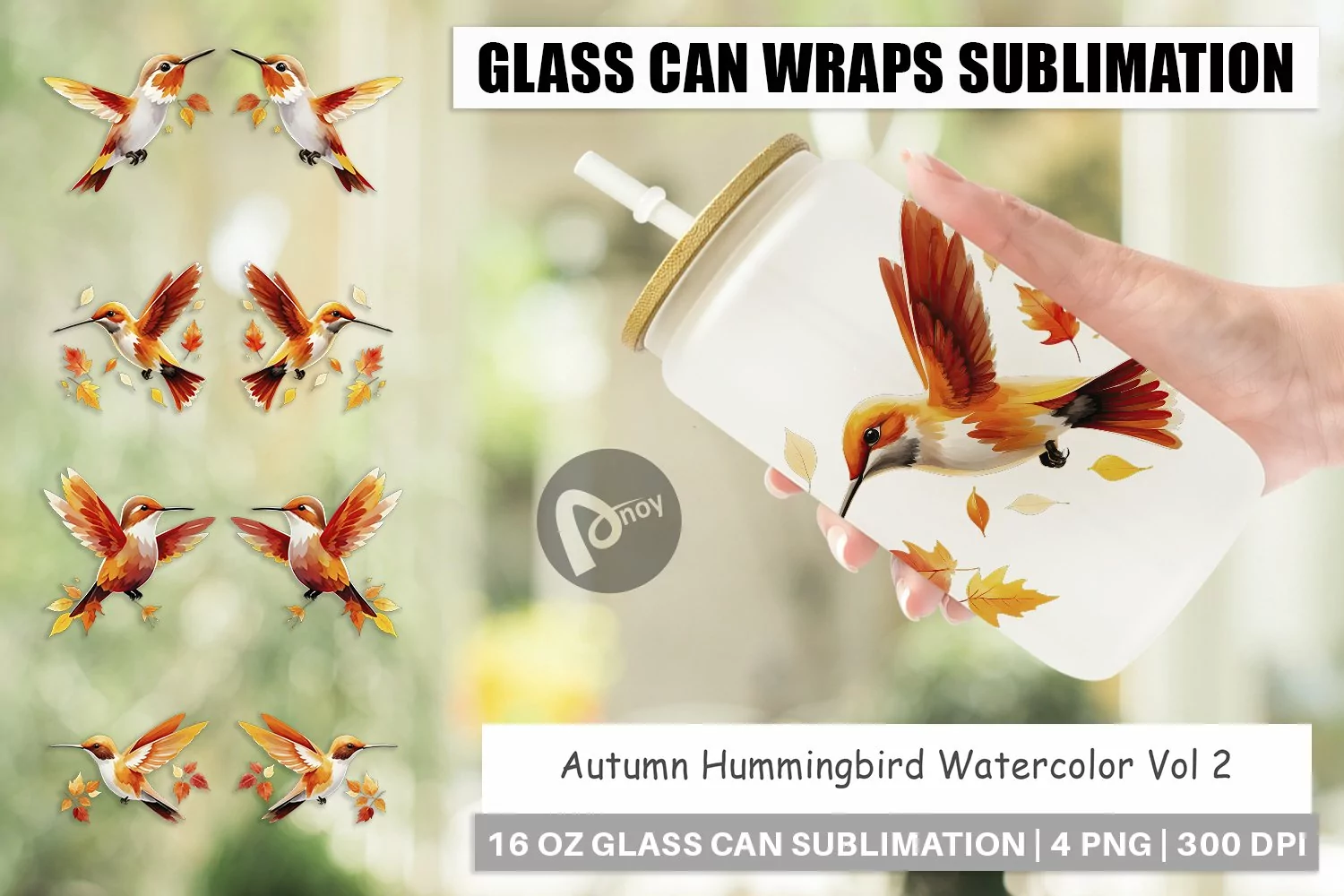 Glass Can Wraps Autumn Hummingbird Watercolor product image 1
