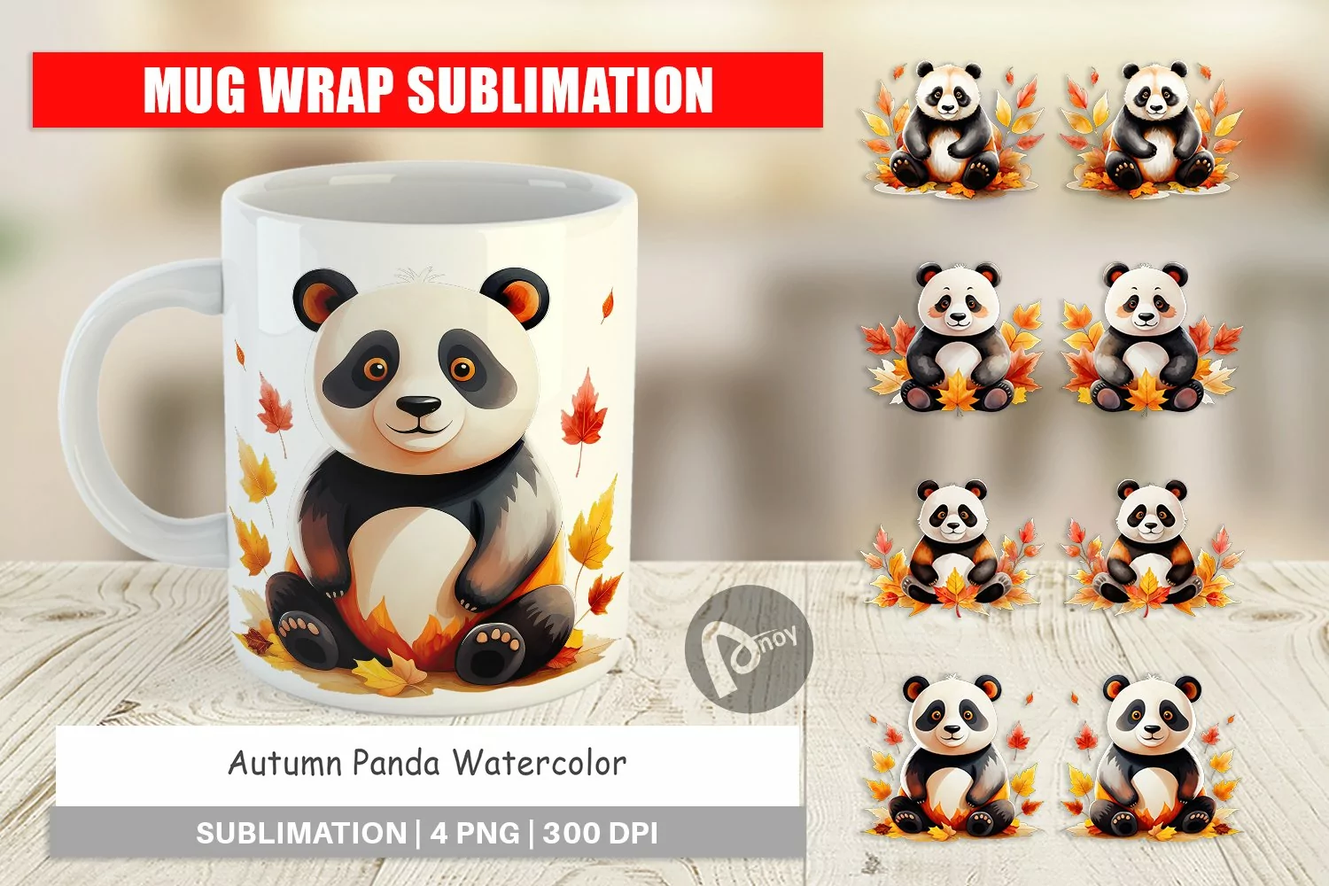 Mug Wrap Design Autumn Panda Watercolor product image 1