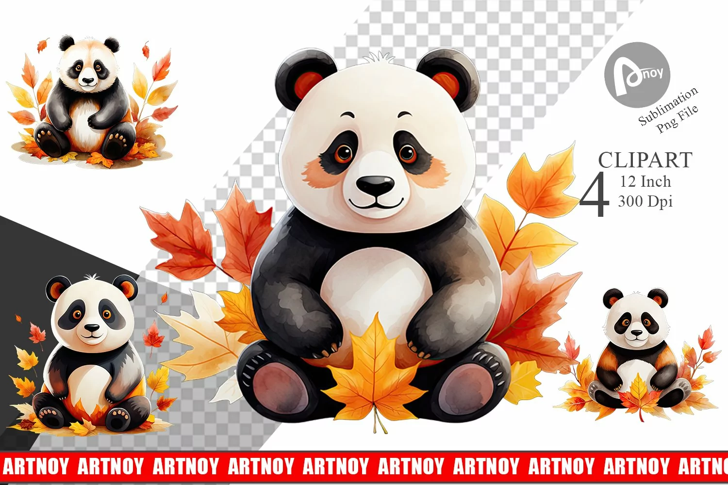 Autumn Panda Watercolor Clipart product image 1