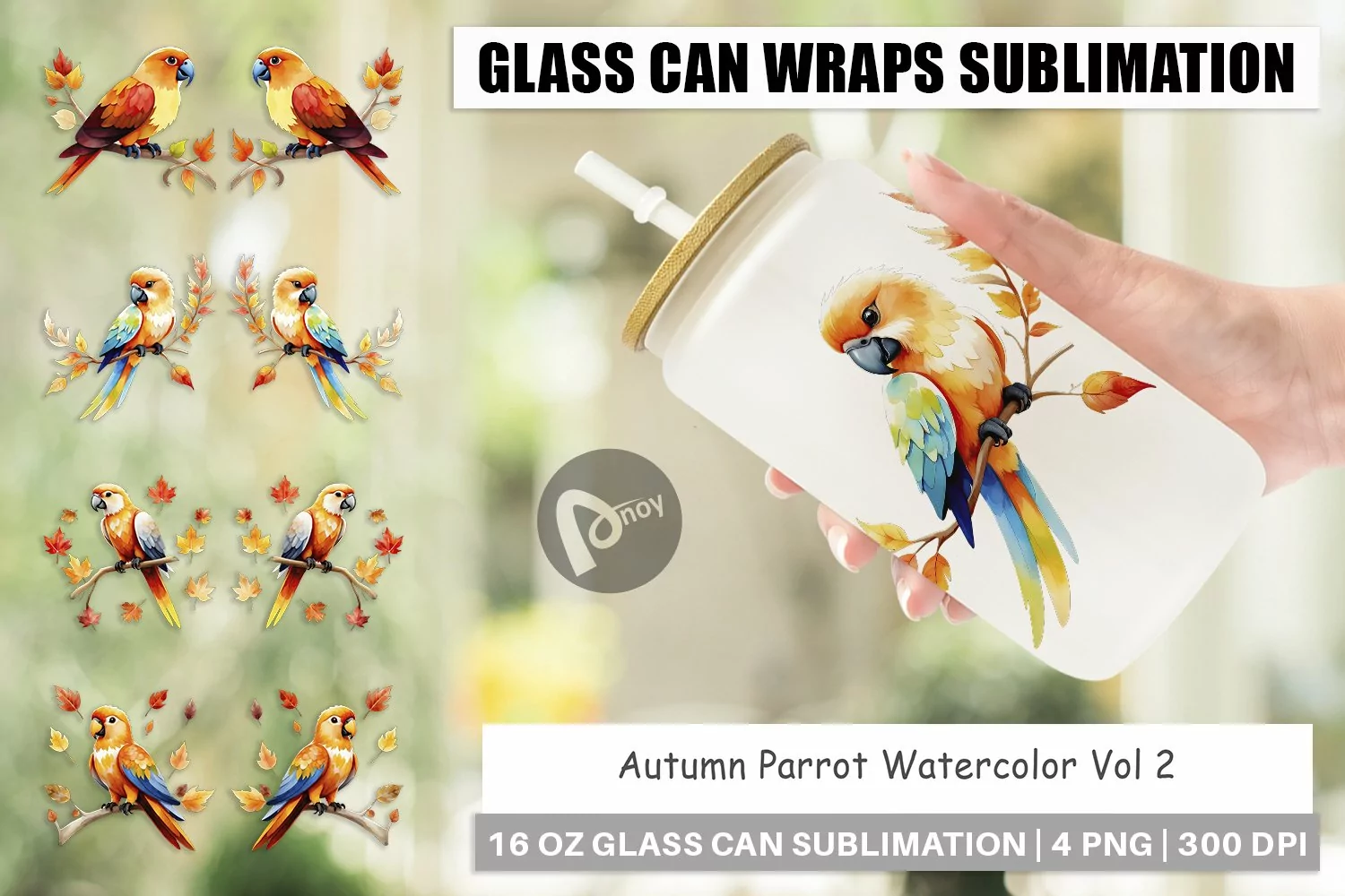 Glass Can Wraps Autumn Parrot Watercolor product image 1