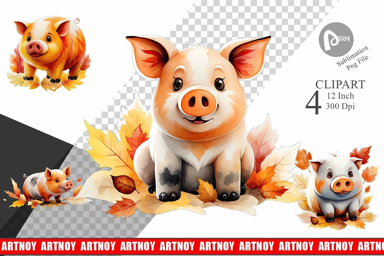 Autumn Pig Watercolor Clipart product image 1