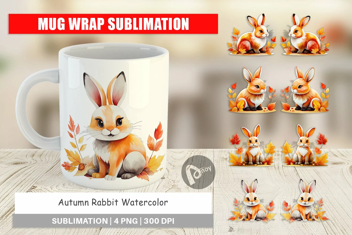 Mug Wrap Design Autumn Rabbit Watercolor product image 1