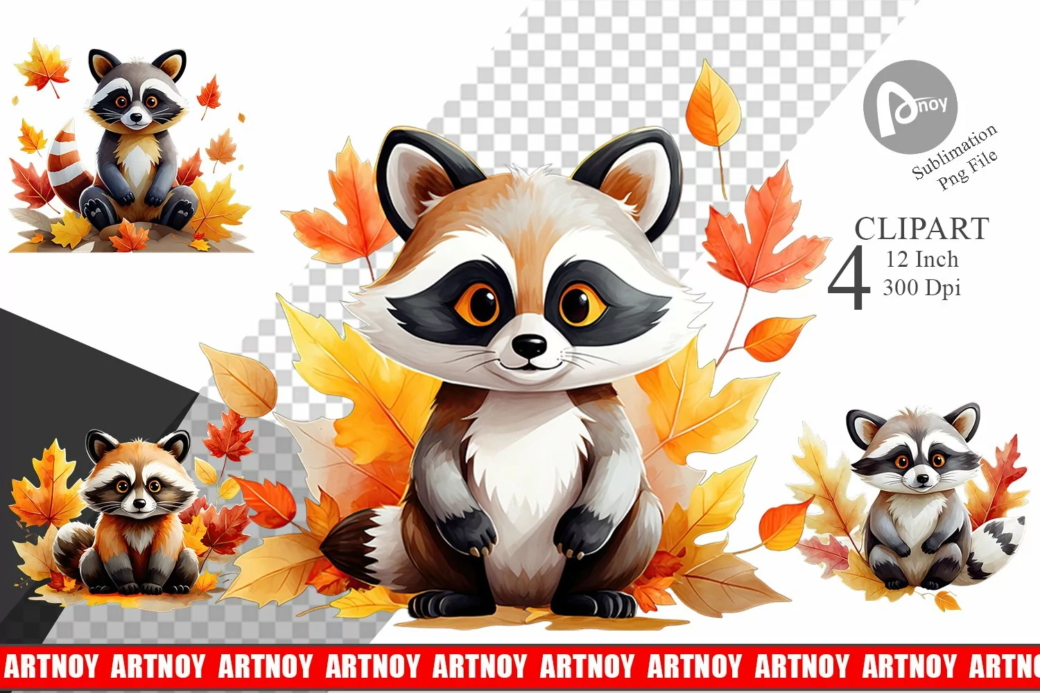 Autumn Raccoon Watercolor Clipart product image 1