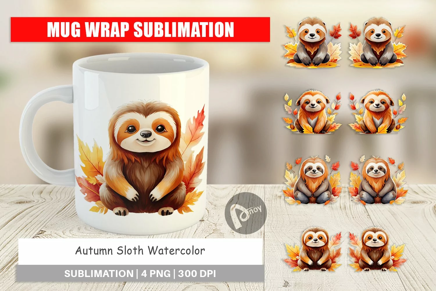Mug Wrap Design Autumn Sloth Watercolor product image 1