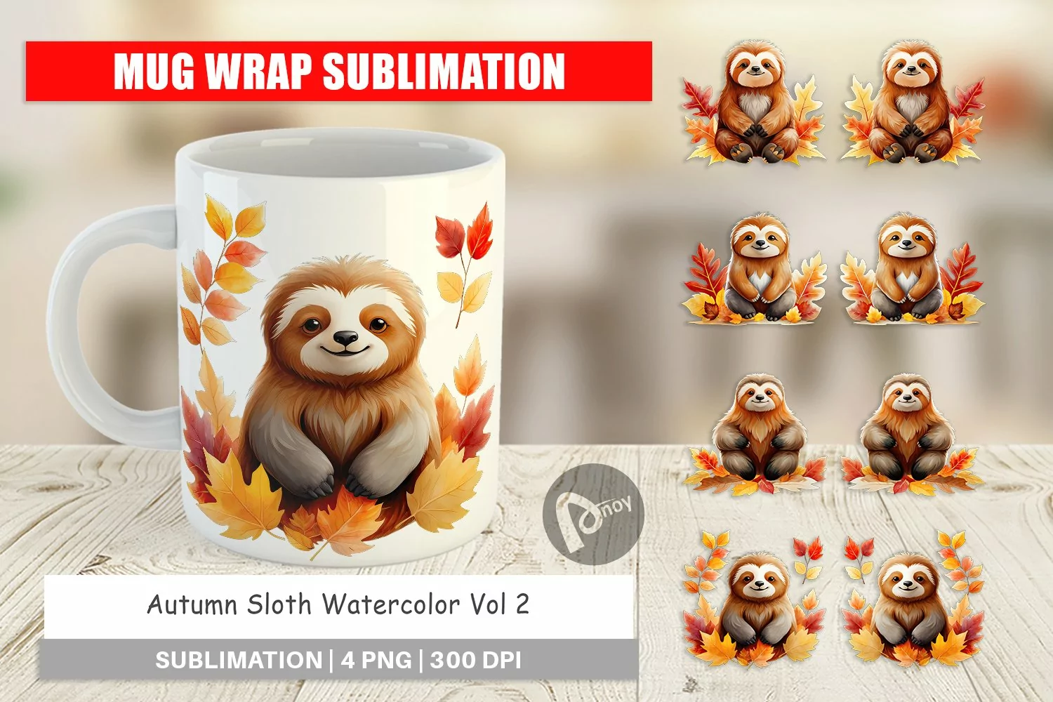 Mug Wrap Design Autumn Sloth Watercolor product image 1
