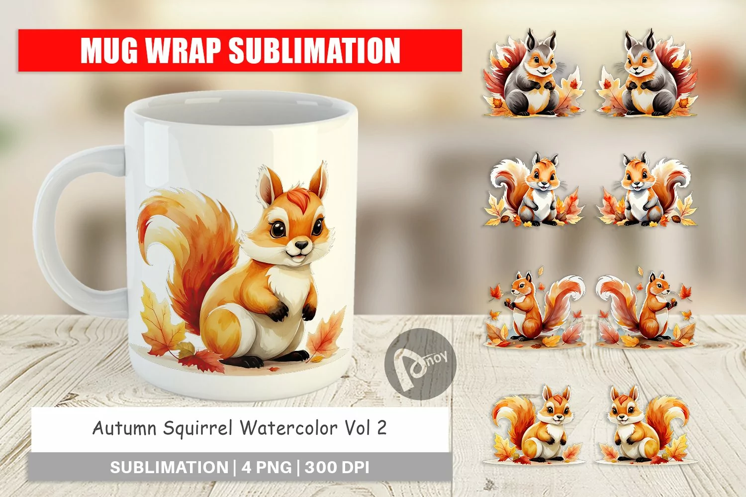 Mug Wrap Design Autumn Squirrel Watercolor product image 1