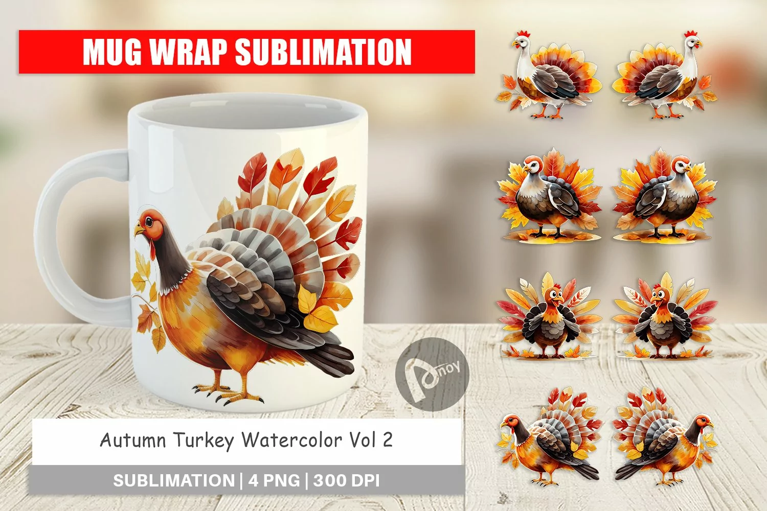 Mug Wrap Design Autumn Turkey Watercolor product image 1
