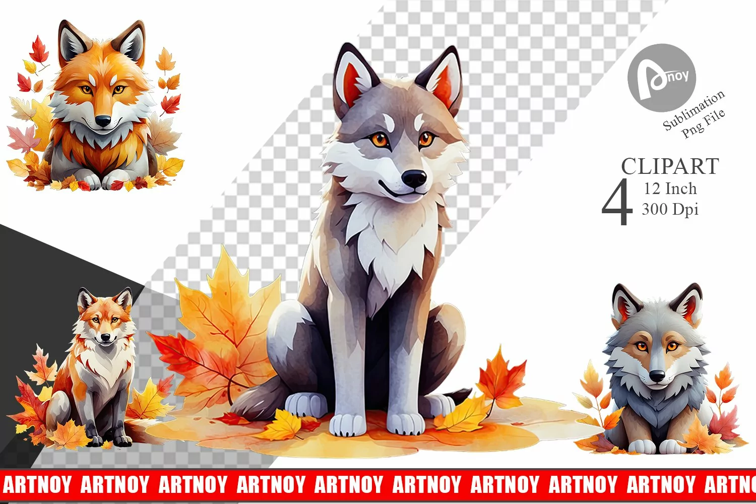 Autumn Wolf Watercolor Clipart product image 1