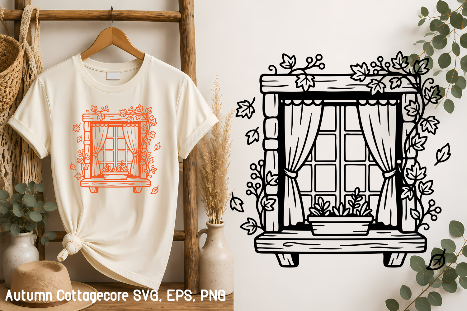 Autumn Cottage Window with Leaves SVG product image 1