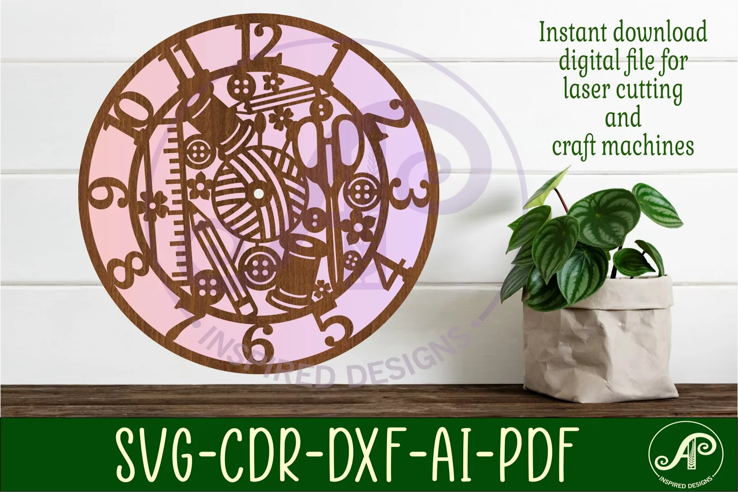 Sewing wall clock laser cut files, SVG file. vector product image 1