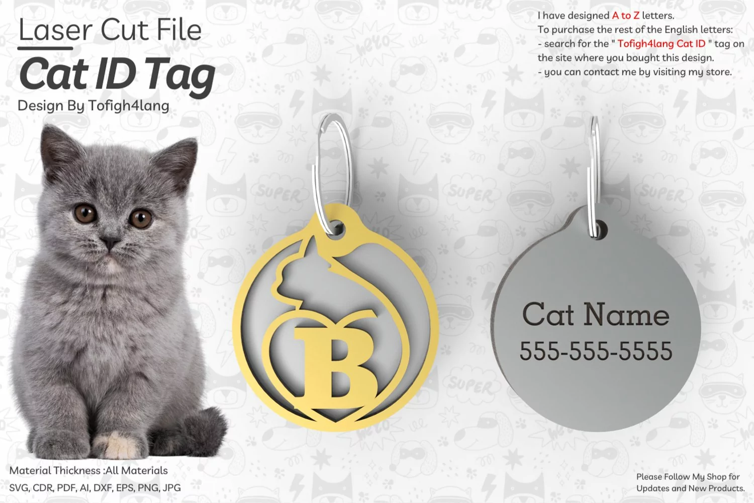 B | Cat ID Tag | Cat ID Tag Slide On Collar| laser cut | SVG product image 1