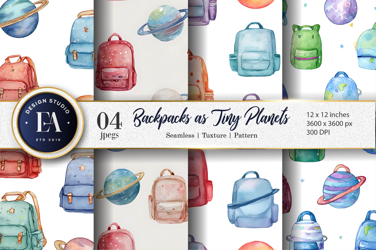 Watercolor Backpacks Shaped Like Tiny Planets Digital Paper product image 1
