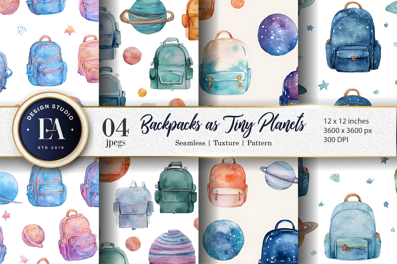 Backpacks Designed as Tiny Planets Watercolor Digital Paper product image 1
